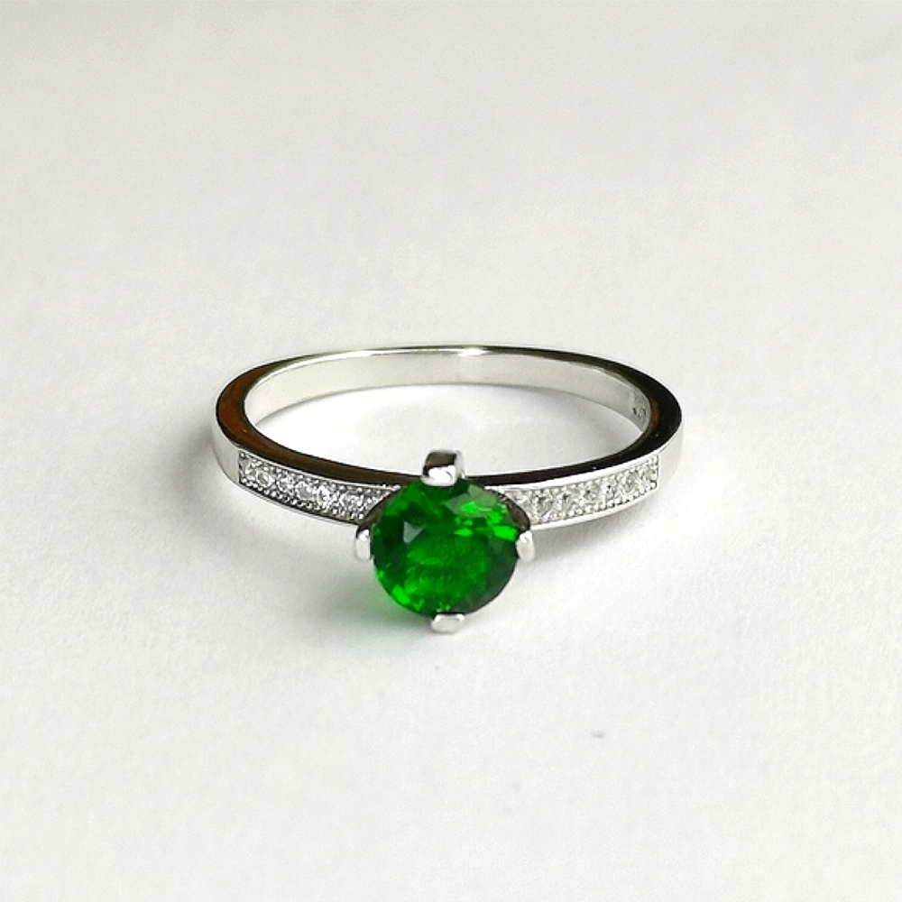 Emerald solitaire ring in Sterling Silver and White Sapphire size 8